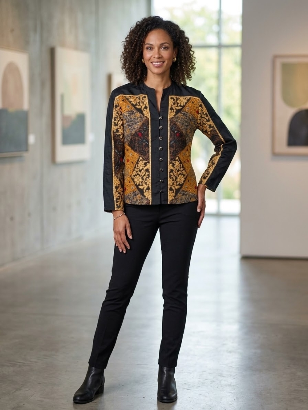 Adrianna Papell Black Button-Front Patchwork Jacket Top with Mustard Panels
